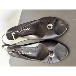 Nina Black Satin Womens Open Toe Heel w/Rhinestone Sling Back Leather Sole 9.5